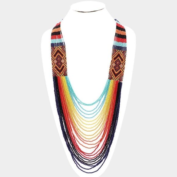 NEW Boho Multicolor Bead Ethnic Tribal Layered Bib Necklace - Picture 1 of 9